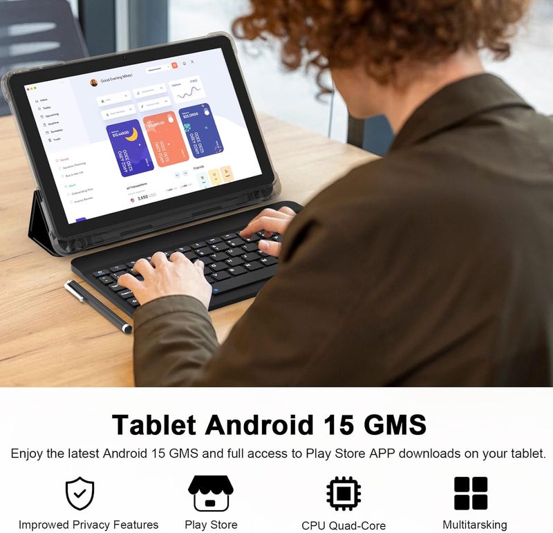 CUPEISI Android 15 Tablet 10 Inch, 20GB RAM+128GB ROM/2TB Expandable, 2.0GHz Quad-core Processor, 1280*800 HD Screen, 5G WiFi6 BT 5.0, 2 in 1 Tablets with Keyboard Case Mouse Stylus, Widevine L1 Black - Image 4